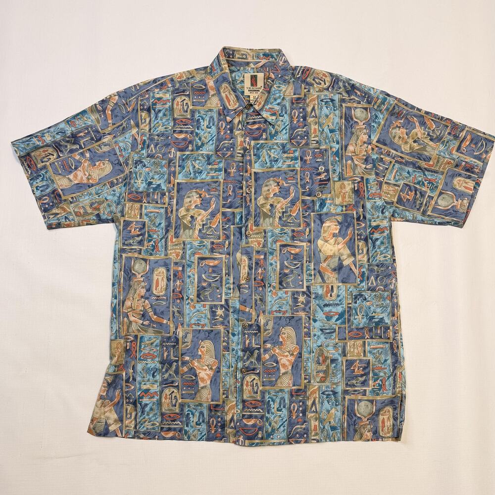 Tori Richard Shirt Mens Medium Blue Egyptian Print Hawaiian Aloha Button Up USA